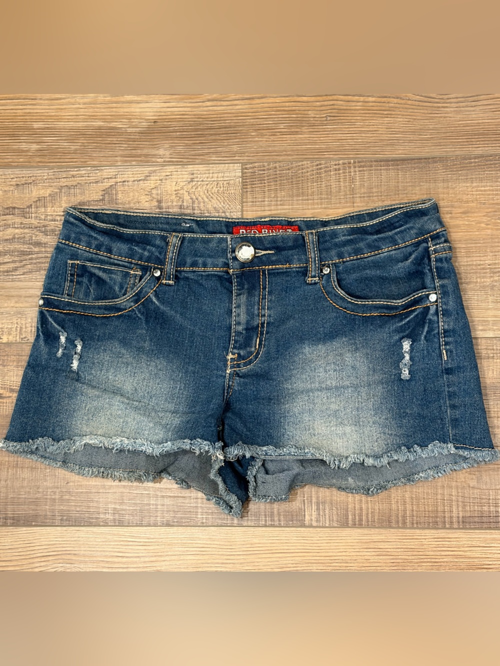 Red Rivet Indigo Distressed Frayed Hem Denim Mini Shorts bling button pockets